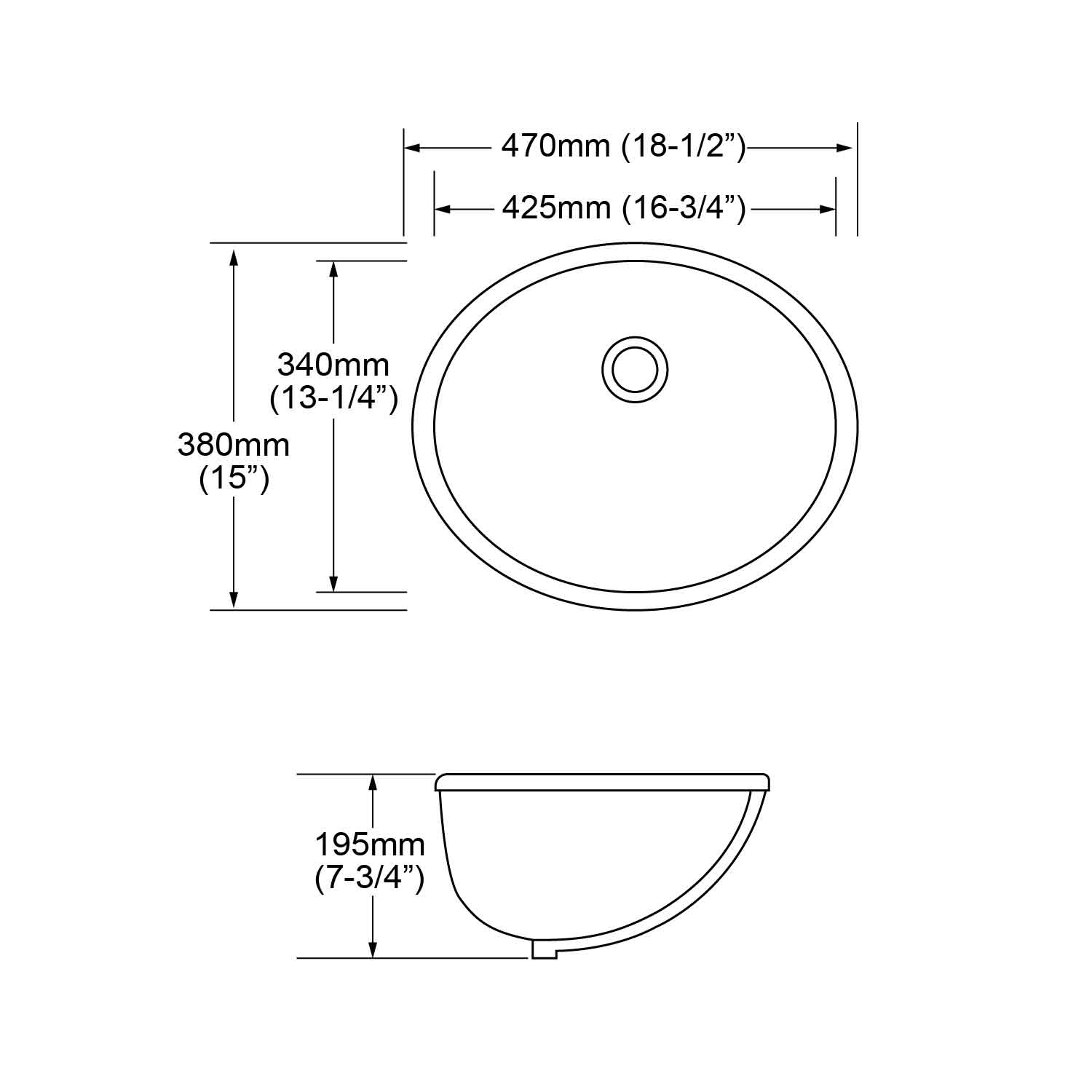 specification of MU-1018C, 18-inch white ceramic oval bathroom undermount sink with overflow